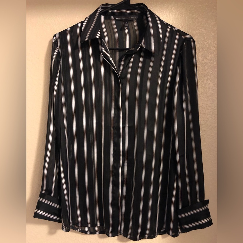 White House Black Market Black and White Semi Sheer Button Down Shirt Sz 2 L/S